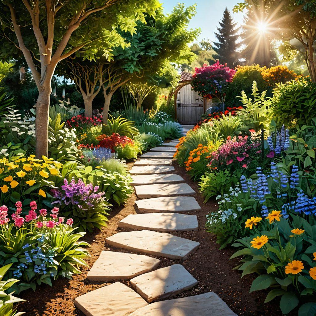 A serene pathway winding through a lush garden symbolizing hope and healing, with diverse individuals engaging in supportive conversations and practicing self-care. The sun shining brightly, casting warm light over flowers blooming in vibrant colors, representing growth and resilience in health journeys. super-realistic. vibrant colors. 3D.