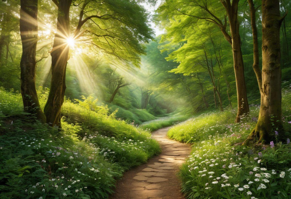 A serene landscape depicting a winding path through a lush green forest, symbolizing a journey of healing and hope. Along the path, diverse individuals of different ages and backgrounds share stories and support each other, showing community strength. Radiant beams of sunlight filter through the tree canopy, illuminating the way ahead. Include symbols of resilience like blooming flowers and a gentle river flowing alongside. vibrant colors. super-realistic.