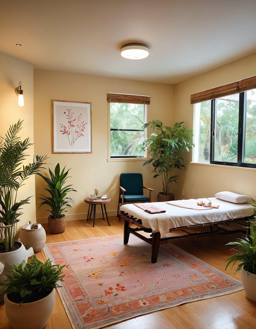 A serene wellness space depicting a diverse group of practitioners using various therapies like acupuncture, yoga, and nutrition counseling around cancer patients. Incorporate elements like plants, soft lighting, and calming colors to enhance the holistic atmosphere. Visualize interconnected pathways symbolizing the integration of therapies for comprehensive care. Warm, inclusive ambiance. super-realistic. vibrant colors. soft focus.
